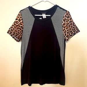 Adara Medium Top. Bodice is Black with zebra stripes and leopard sleeves.
